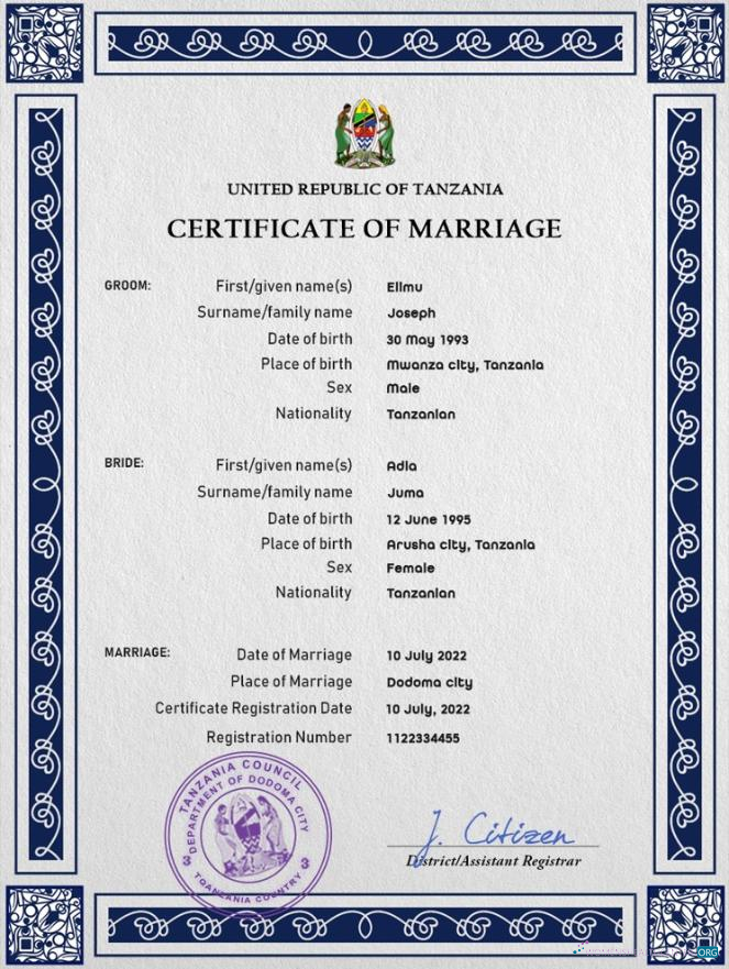 Download Tanzania marriage certificate PSD template Photoshop template